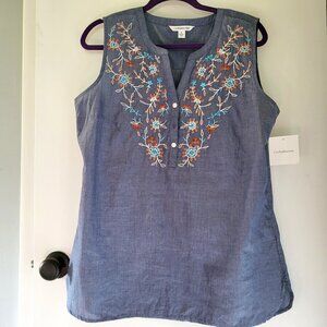 Sonoma Women's Top Blouse Large Blue Coral Peach Embroidered Sleeveless NWT